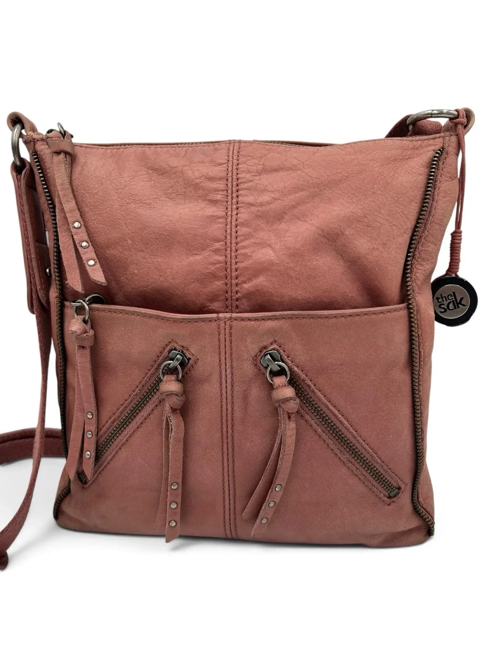 The Sak De Young Pink Leather Crossbody Bag Multi Pocket Boho Tassel Y2K Slouchy